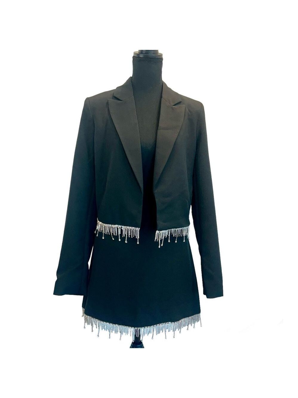 Rachel Zoe black Diamanté crystal rhinestone trim blazer mini skirt set 8/M NWT